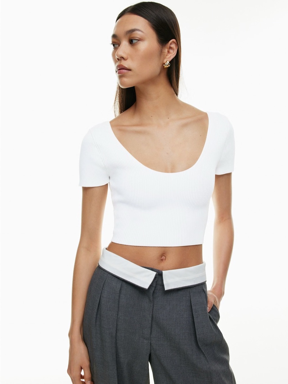 Babaton Aritzia Sculpt Ribbed Knit Scoopneck Crop Top White Size S